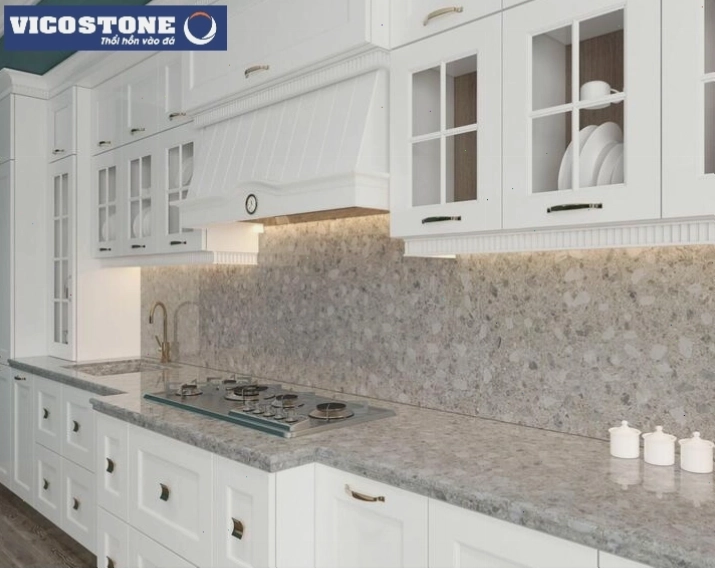 Ốp tường, bàn bếp đá Terrazzo thạch anh VICOSTONE Cepodio BQ8794 đẹp mắt