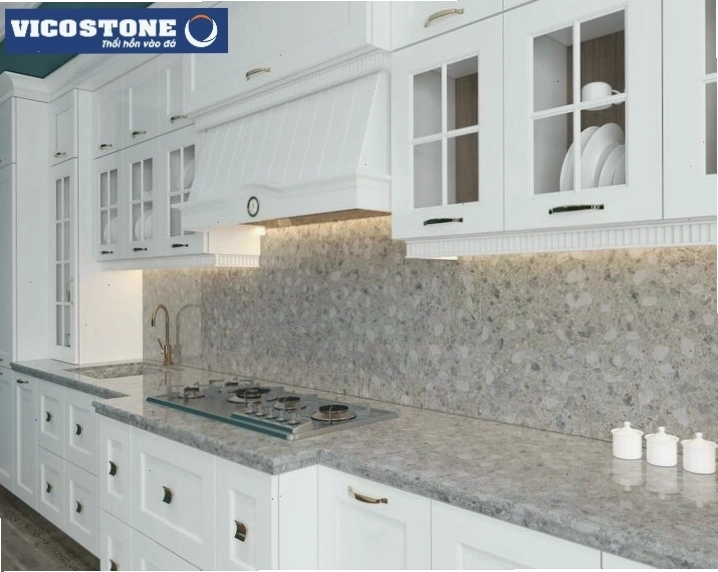 Ốp tường và bàn bếp bằng đá Terrazzo thạch anh VICOSTONE Cepodio BQ8794