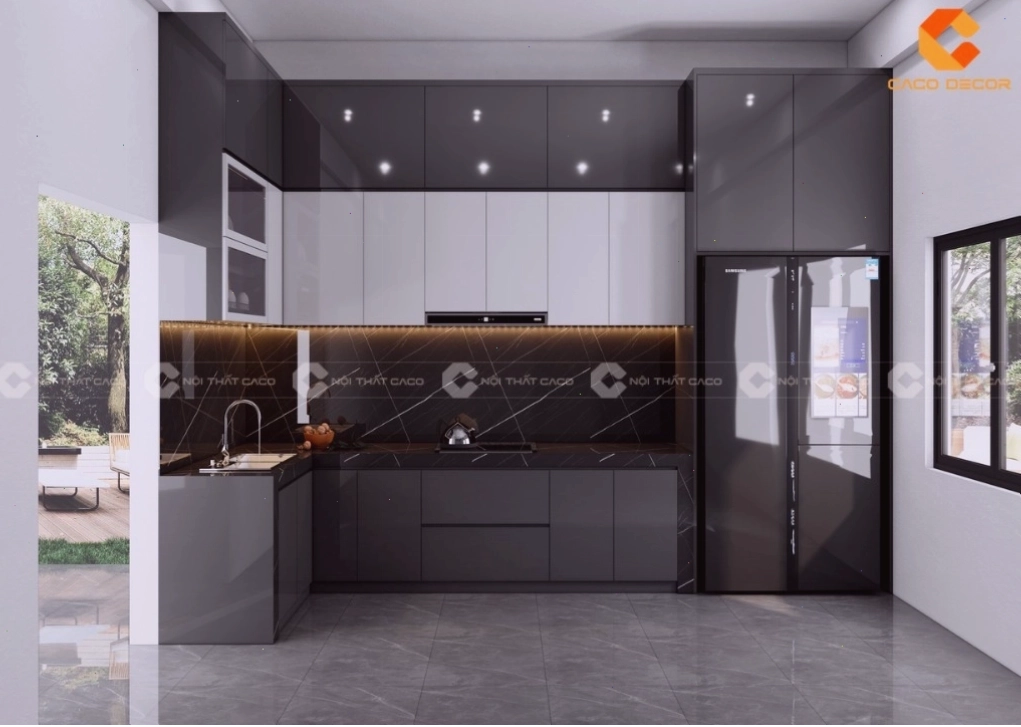 Phòng bếp tiện nghi với tủ bếp acrylic