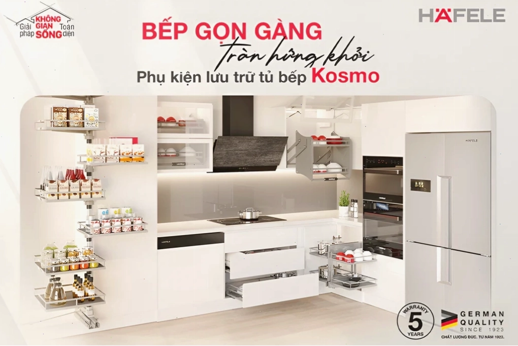 Phụ kiện lưu trữ tủ bếp Hafele giúp không gian bếp gọn gàng