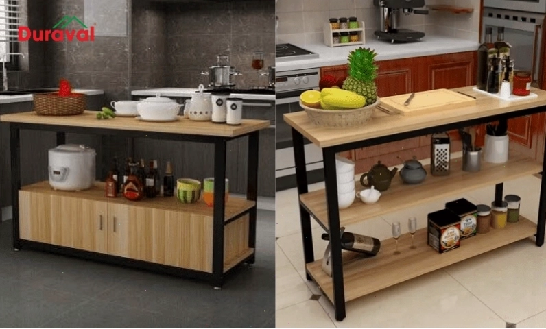 Thiết kế tủ bếp khung sắt với các đợt gỗ tiện lợi