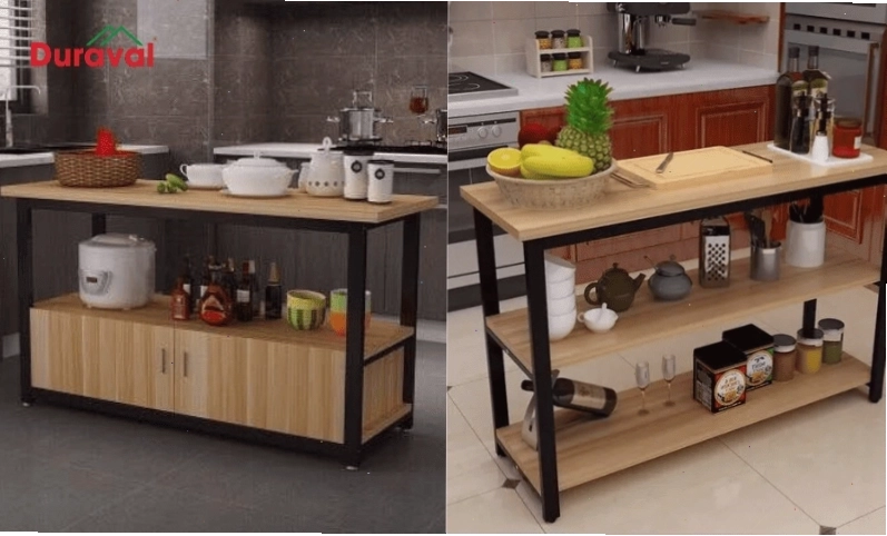 Thiết kế tủ bếp khung sắt với nhiều đợt gỗ tiện dụng