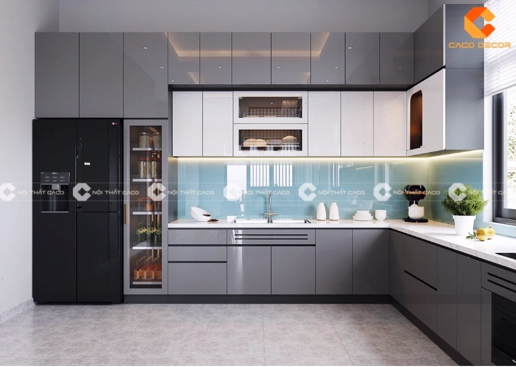 Thiết kế tủ bếp MDF phủ Melamine chữ L tiết kiệm diện tích