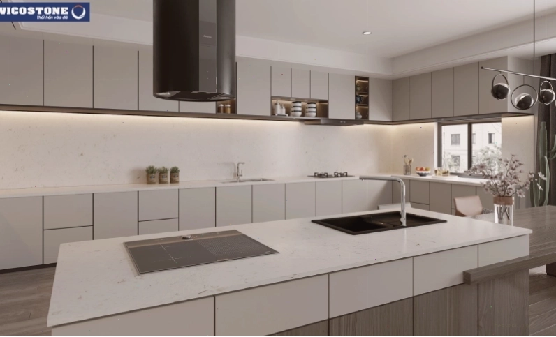 Tích hợp bồn rửa cho bàn đảo bếp mặt đá Vicostone Akoya