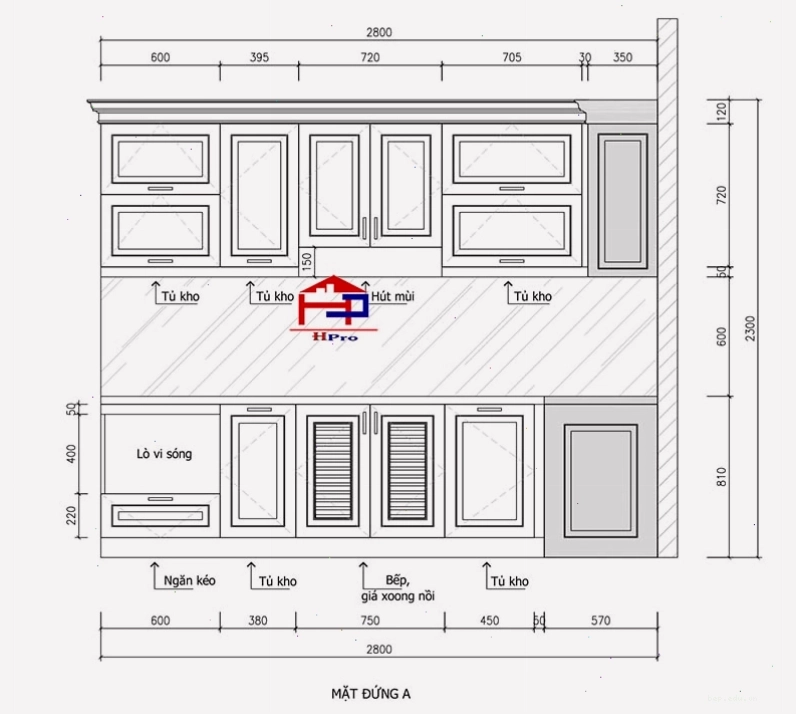 Tổng thể không gian bếp với tủ bếp gỗ xoan đào TBXD24