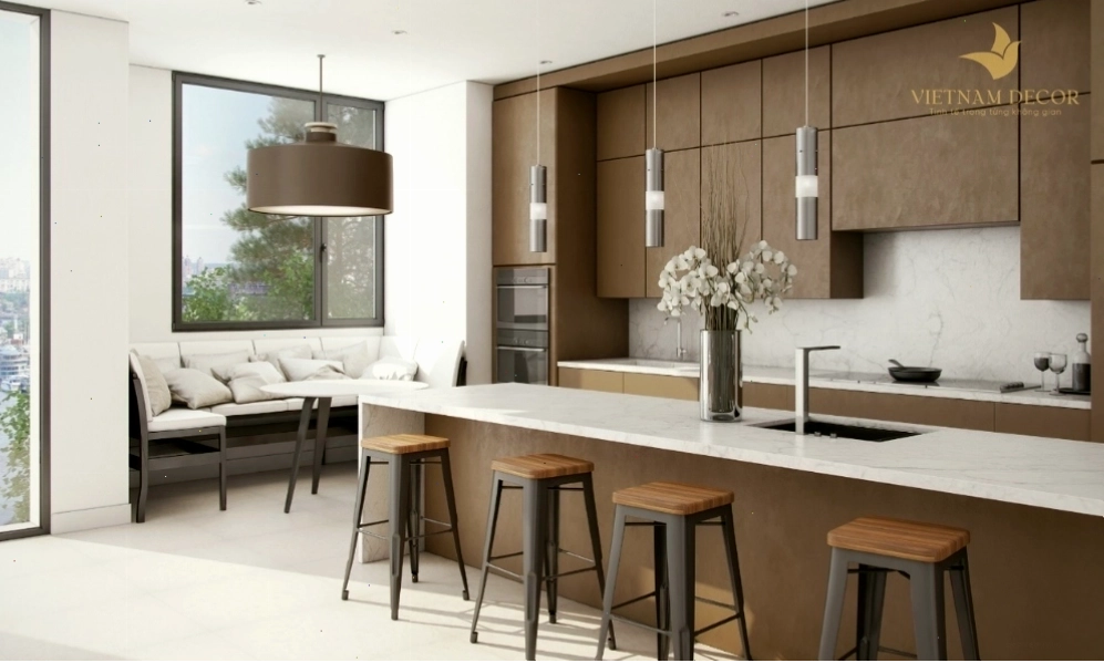 Trang trí tủ bếp trên với giá đỡ mở và cây xanh