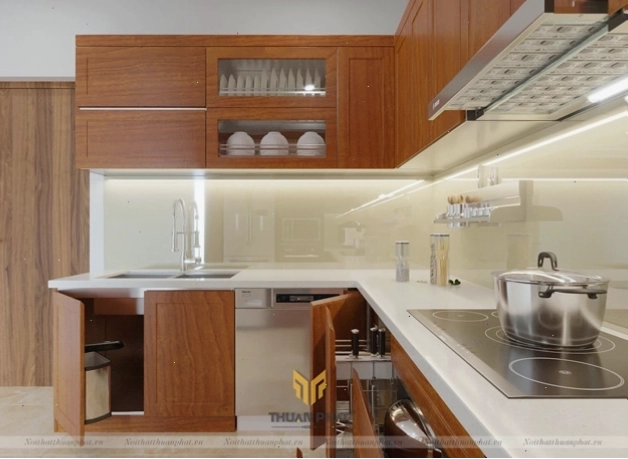 Trọn bộ tủ bếp thông minh với chất liệu inox cánh gỗ xoan đào