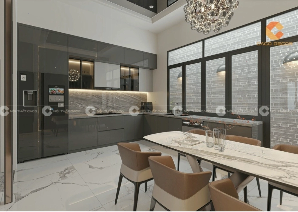 Tủ bếp acrylic bóng gương kết hợp vân gỗ