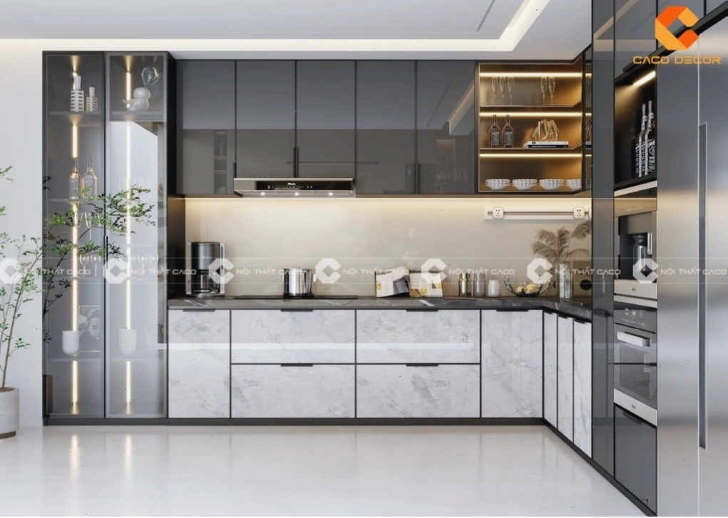 Tủ bếp acrylic bóng gương màu đen huyền bí