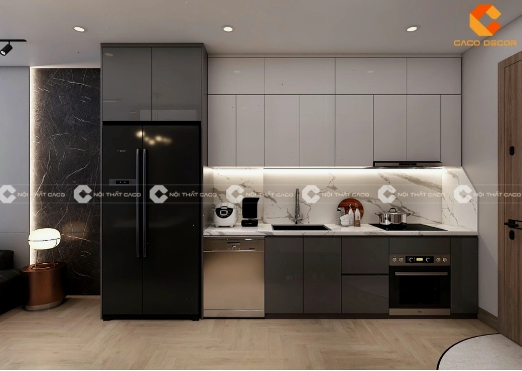 Tủ bếp acrylic bóng gương màu trắng tinh khôi