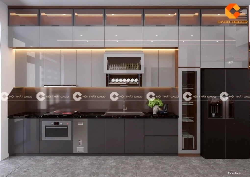 Tủ bếp acrylic chữ L màu xám thanh lịch