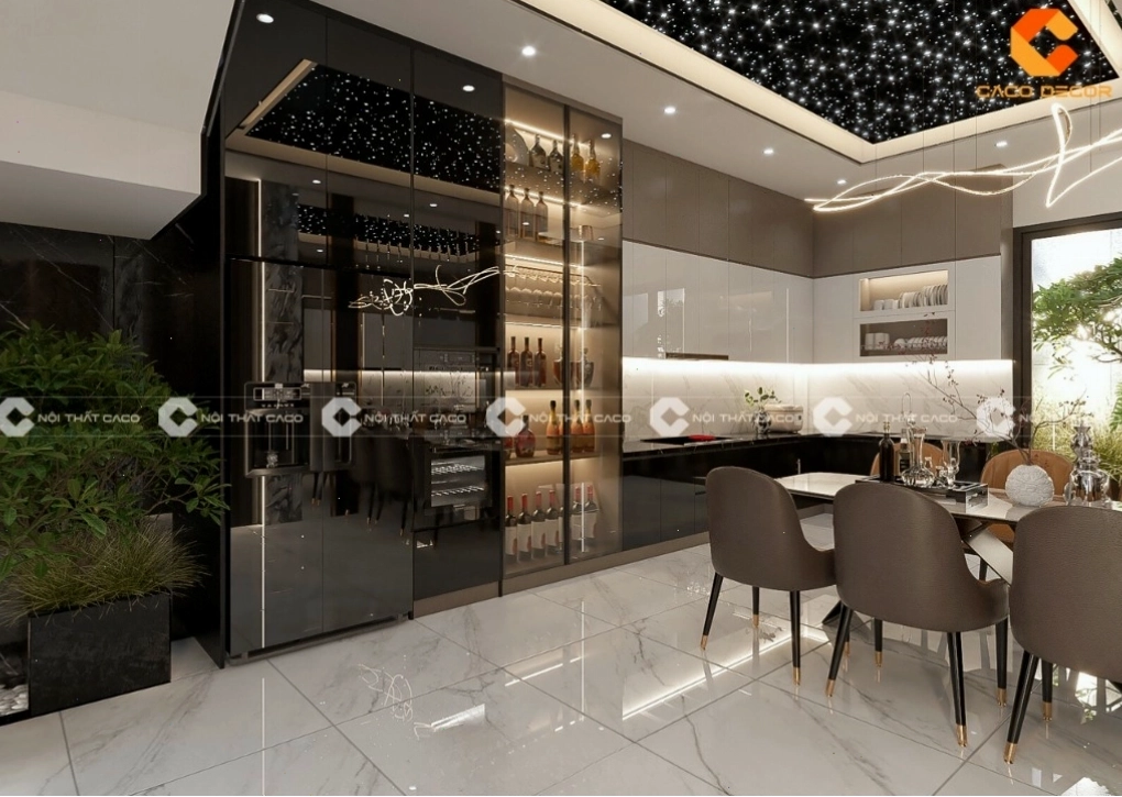 Tủ bếp acrylic màu ghi sang trọng