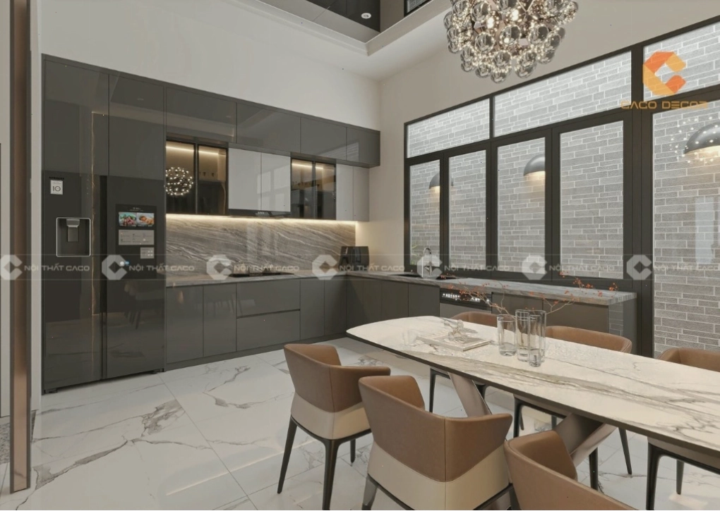 Tủ bếp acrylic phối màu hiện đại