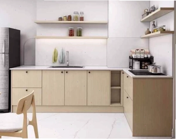 Tủ bếp chữ L bằng gỗ tự nhiên với đường vân gỗ tinh tế, tạo vẻ đẹp sang trọng và ấm cúng