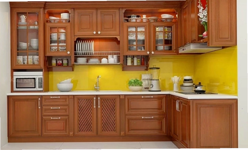 Tủ bếp chữ L gỗ xoan đào đẹp có cửa sổ