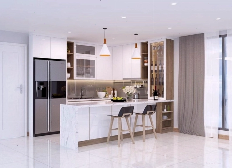 Tủ bếp chữ L màu trắng sáng giúp không gian bếp nhỏ thêm rộng rãi