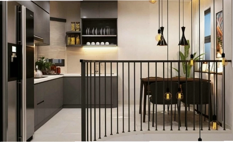 Tủ bếp chữ L tone xám chủ đạo toát lên vẻ hiện đại