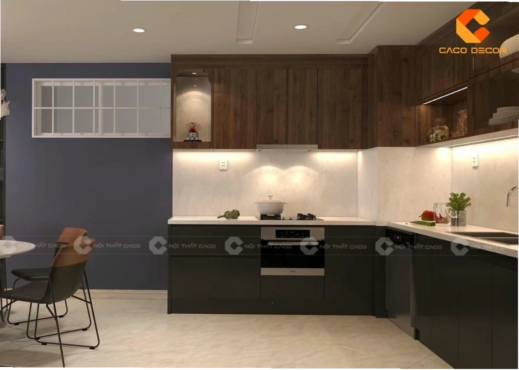 Tủ bếp chữ U sang trọng với bàn thờ Ông Táo tinh tế
