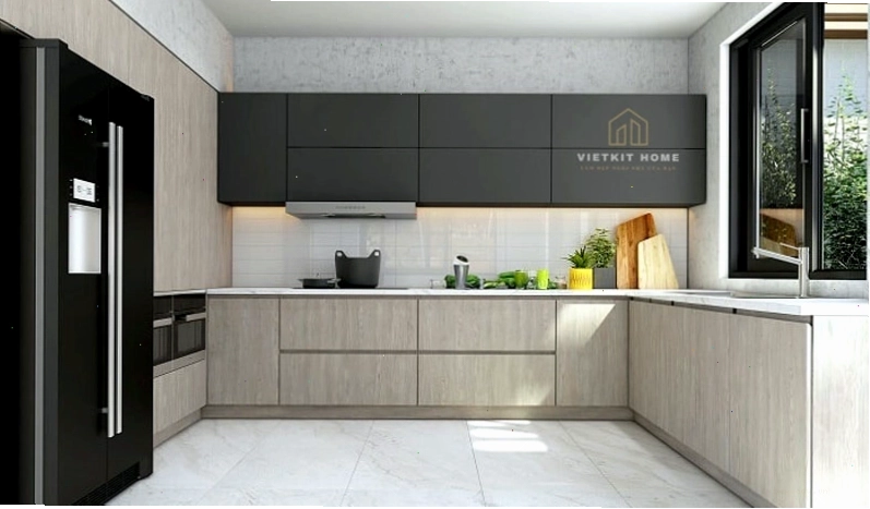 Tủ bếp có bàn đảo tiện lợi, tăng không gian lưu trữ và sử dụng