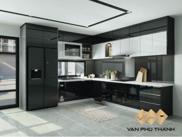 Tủ bếp đa năng màu đen với thiết kế đơn giản và hiện đại