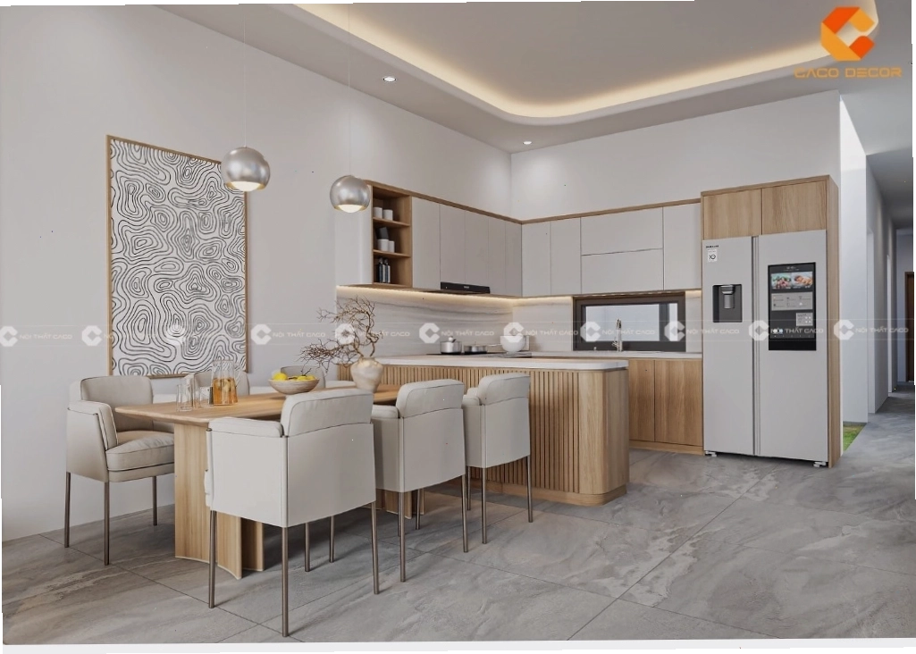 Tủ bếp gỗ công nghiệp hiện đại với nhiều ngăn kéo thông minh