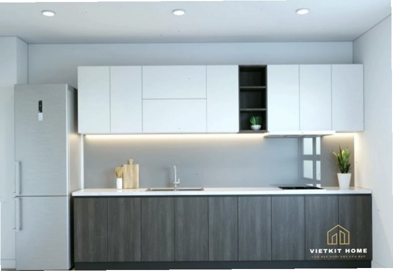 Tủ bếp gỗ công nghiệp với bề mặt laminate vân gỗ đẹp mắt