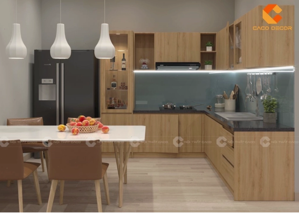 Tủ bếp gỗ công nghiệp với thiết kế hiện đại và bàn thờ Ông Táo tích hợp