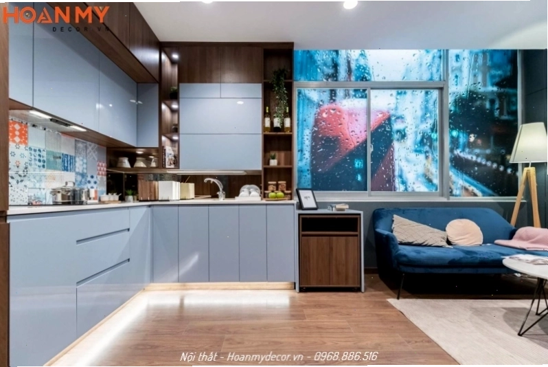 Tủ bếp gỗ MDF phủ cánh Acrylic bóng gương