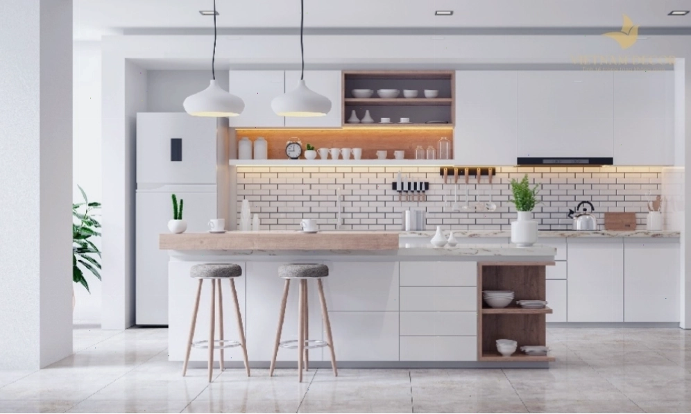 Tủ bếp gỗ óc chó với thiết kế tối giản
