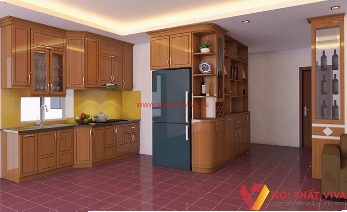 Tủ bếp gỗ Sồi đẹp thiết kế độc đáo kết hợp tủ rượu sang trọng
