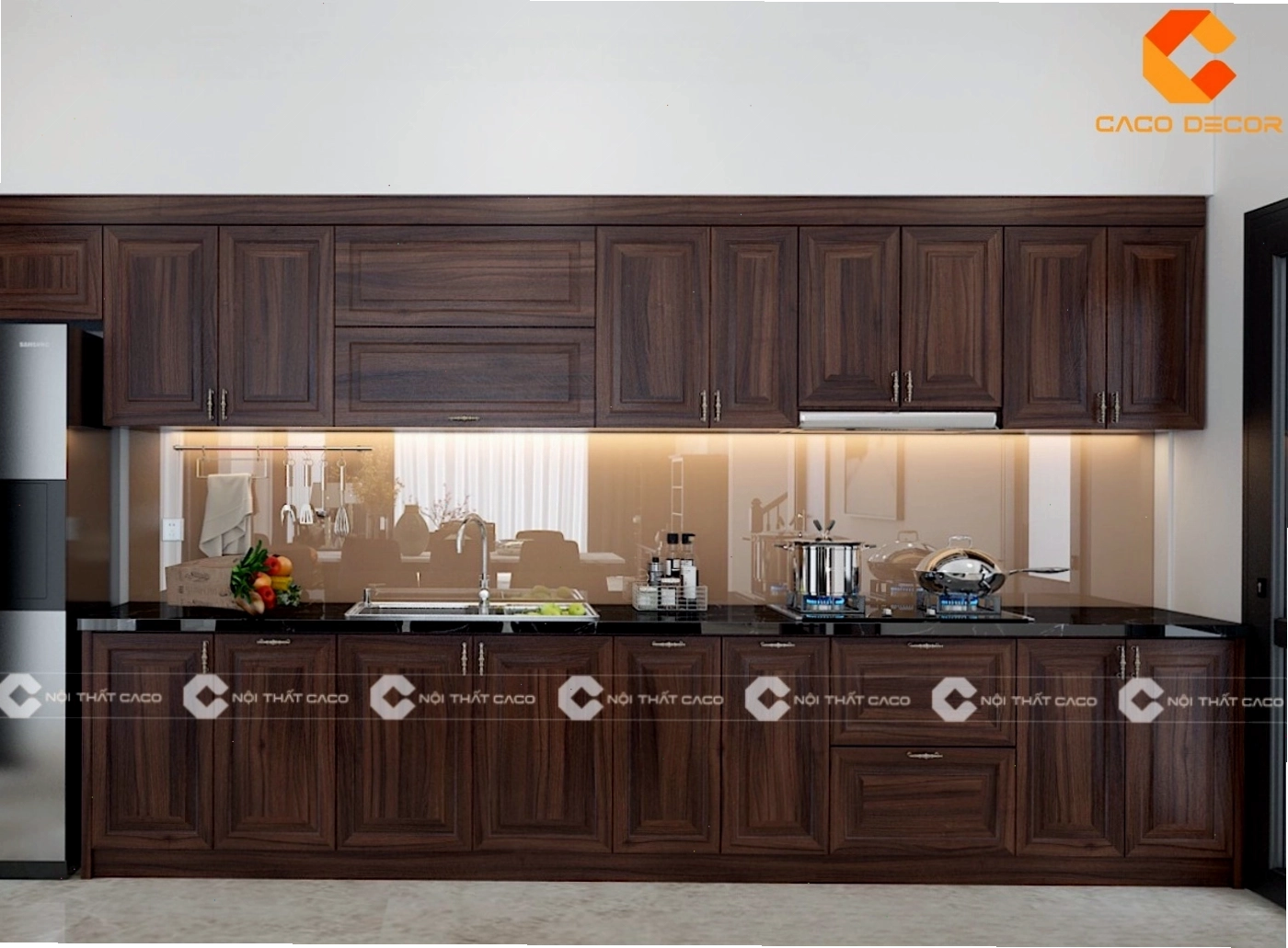 Tủ bếp gỗ tự nhiên với vân gỗ xoan đào mềm mại, sang trọng