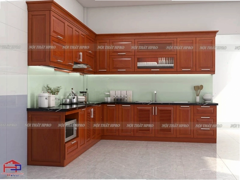 Tủ bếp gỗ xoan đào TBXD24 cho nhà chị Quỳnh với phong cách hiện đại