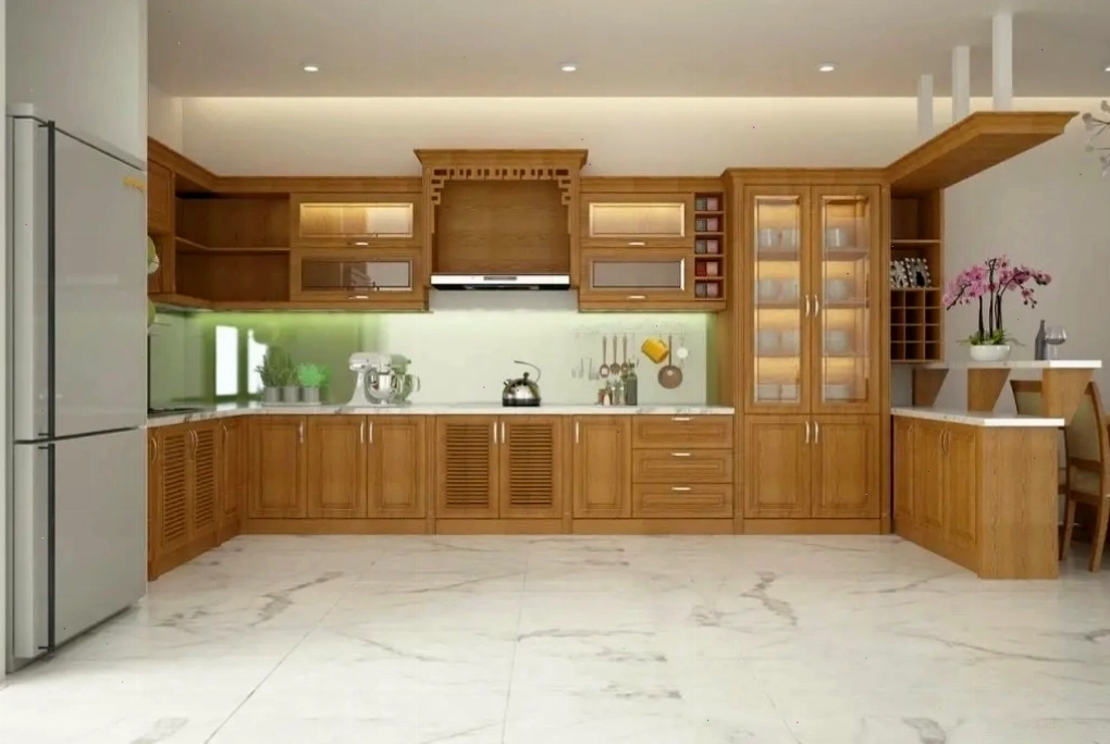 Tủ bếp góc xéo hình thang tiết kiệm diện tích và tạo điểm nhấn