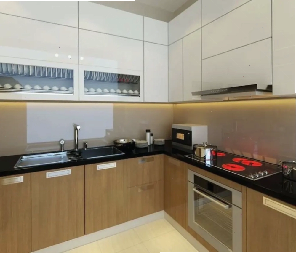Tủ bếp góc xéo làm từ gỗ công nghiệp với bề mặt Melamine chống ẩm
