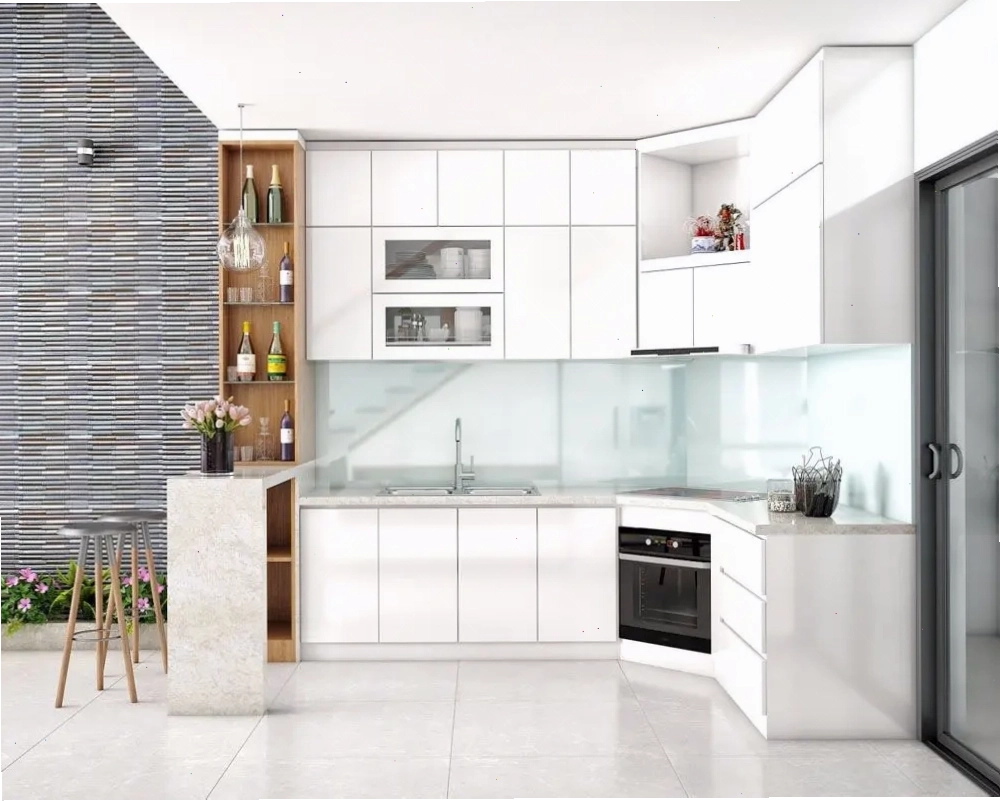 Tủ bếp góc xéo với hệ thống ray trượt thông minh, dễ dàng thao tác