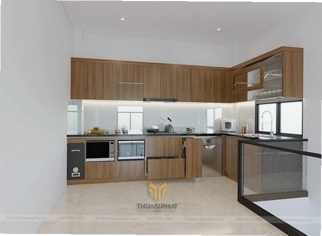 Tủ bếp inox cánh Acrylic vân gỗ ấm áp, tạo cảm giác thân thiện