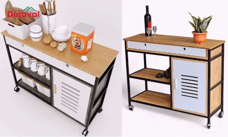 Tủ bếp khung sắt trang bị bánh xe dễ dàng di chuyển
