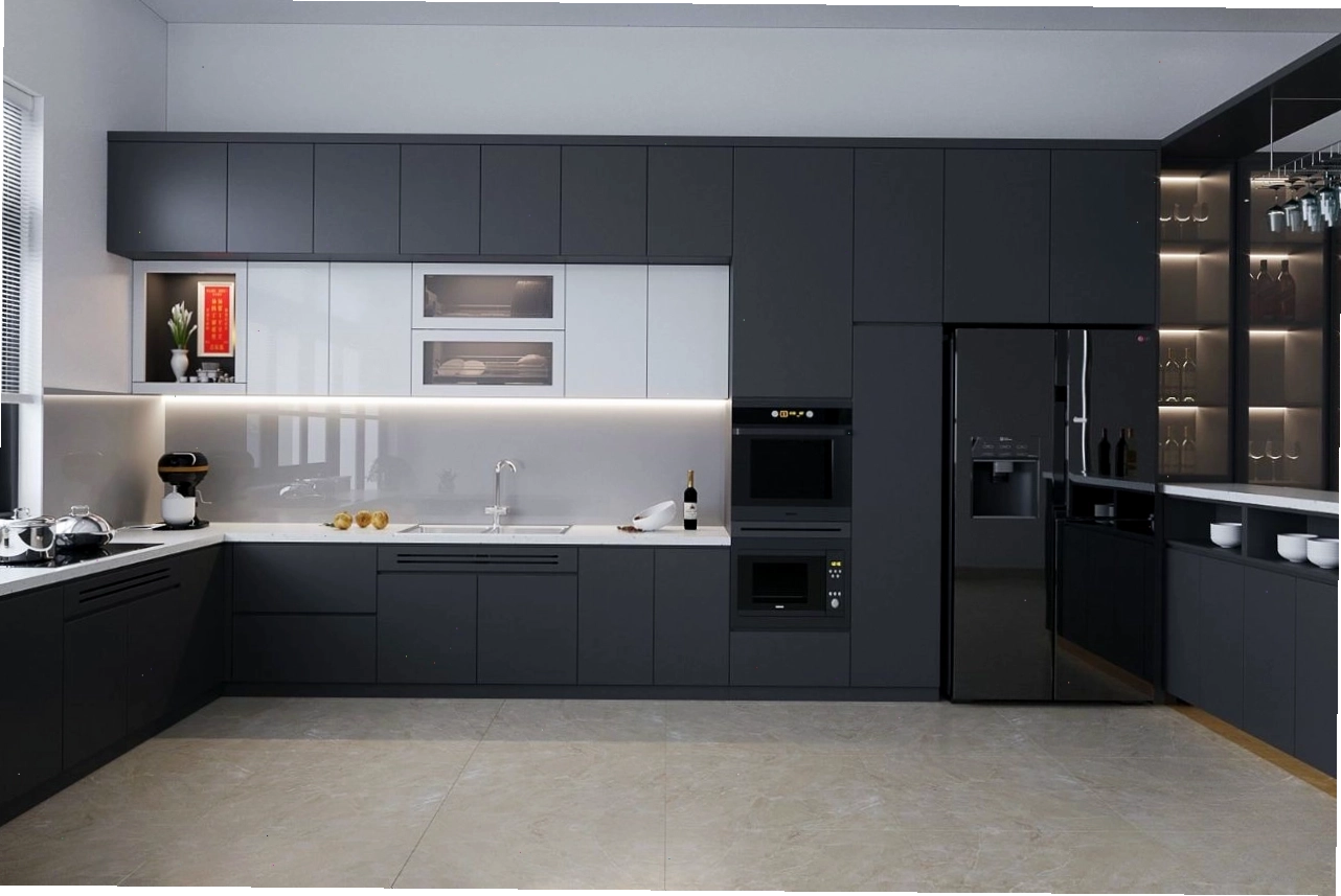 Tủ bếp màu trắng với cánh Acrylic bóng gương hiện đại