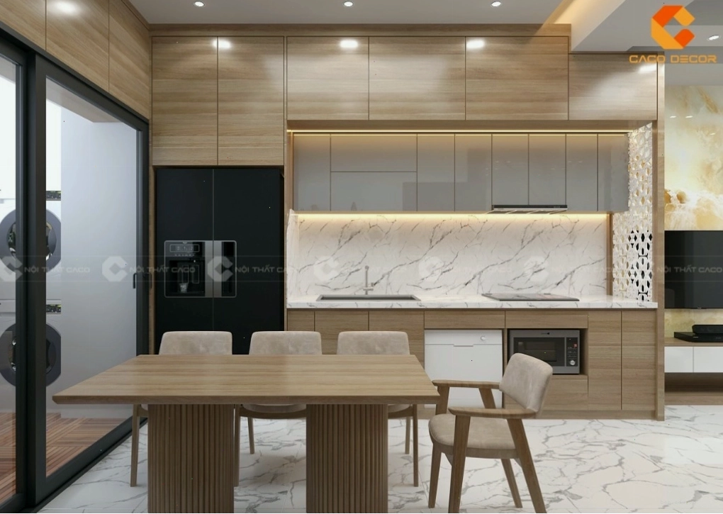 Tủ bếp MDF phủ Laminate với khả năng chống trầy xước và chịu nhiệt tốt