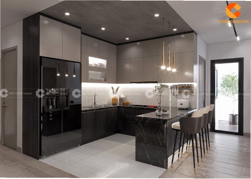 Tủ bếp MDF phủ Melamine có đảo bếp tiện dụng