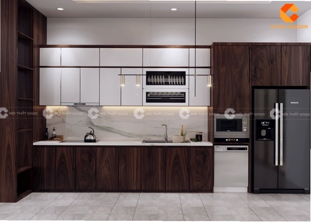 Tủ bếp MDF phủ Melamine gam màu trung tính hiện đại