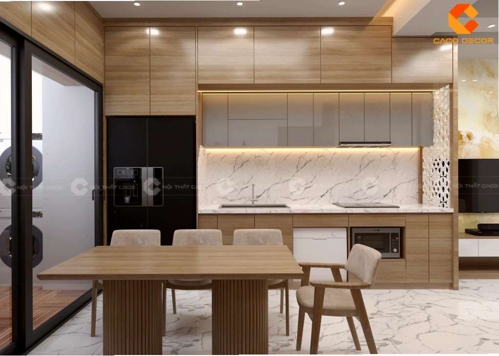 Tủ bếp MDF phủ Melamine với thiết kế hiện đại và màu vân gỗ tinh tế