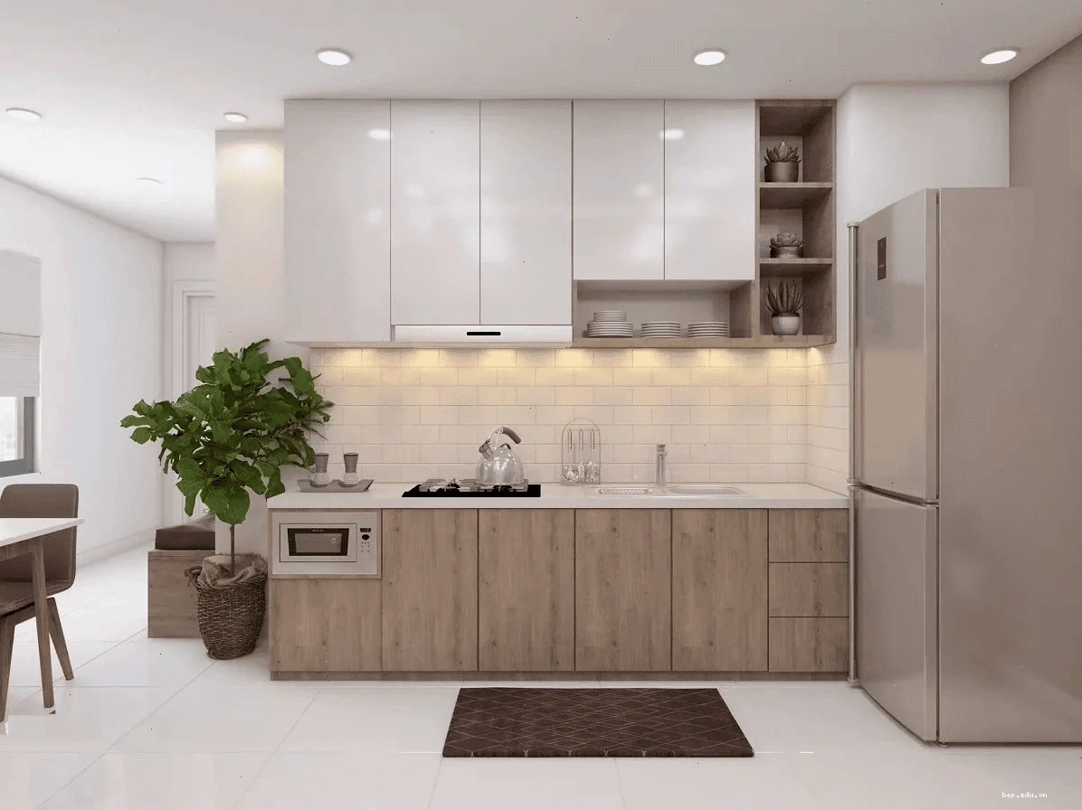 Tủ bếp nhựa với thiết kế cánh phẳng, tay nắm âm hiện đại
