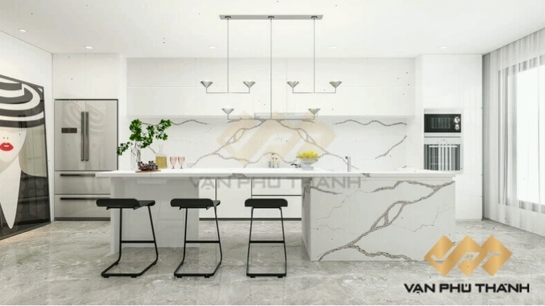 Ứng dụng đá vân mây trắng ốp bếp, ốp tường bếp và quầy kệ