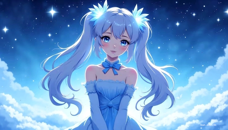 Anime girl with blue hair and dress under night sky