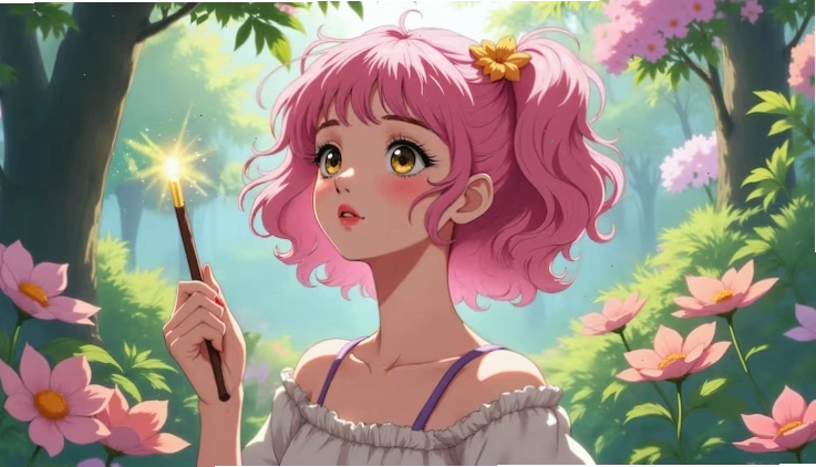 Anime girl with magic wand in enchanted forest