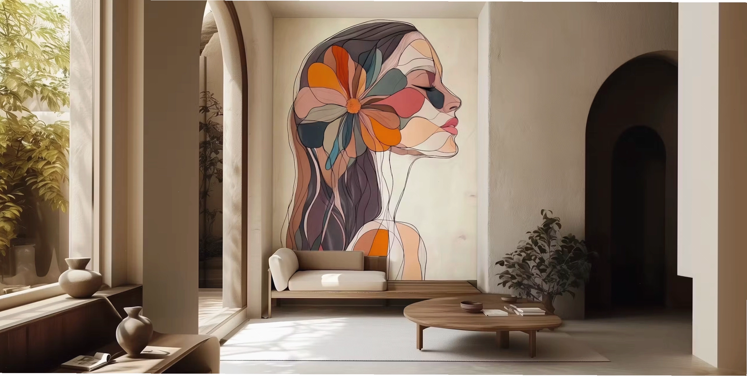 Abstract floral design in warm colors on a woman silhouette mural