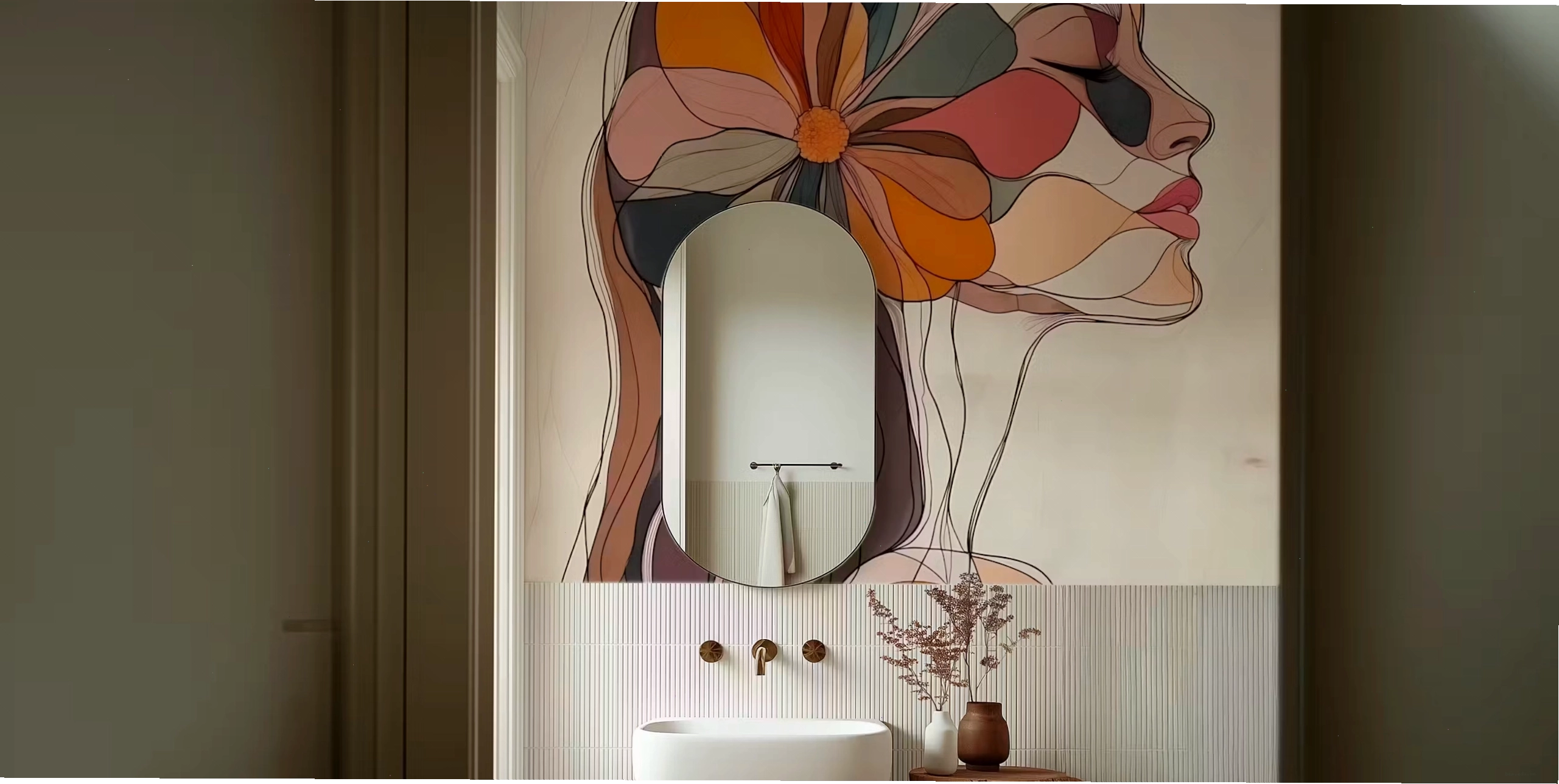 Abstract floral woman silhouette wallpaper in chic earthy tones