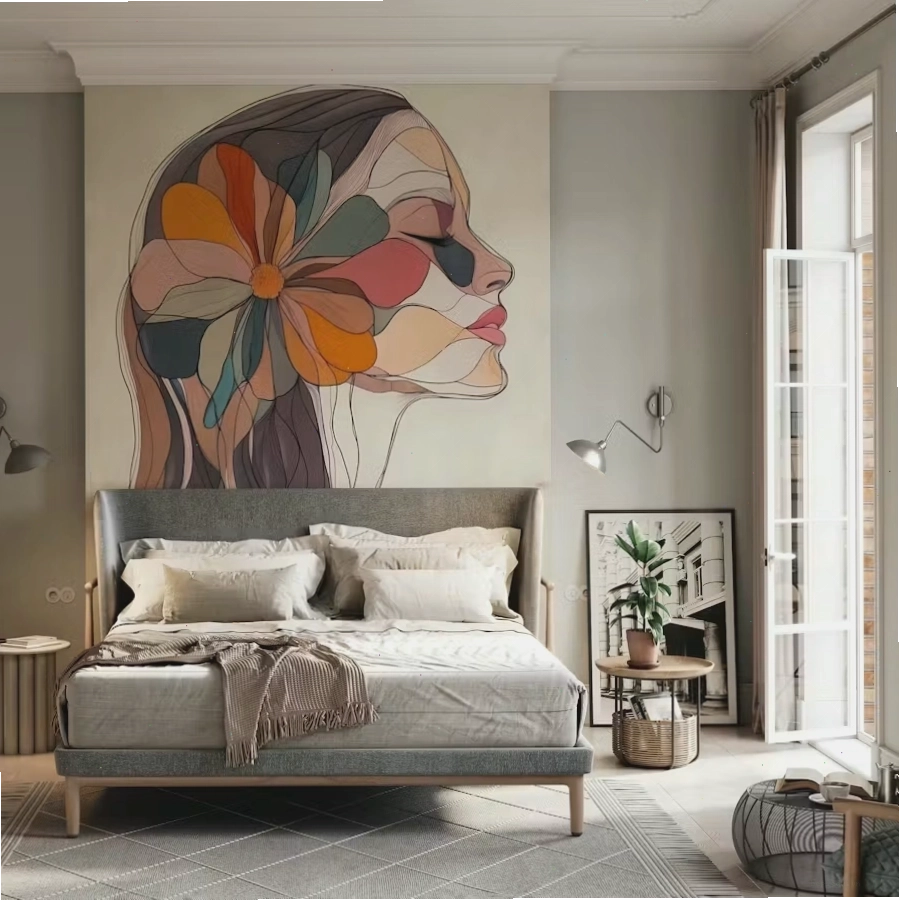 Artistic abstract floral wallpaper for feminine room featuring soft line art