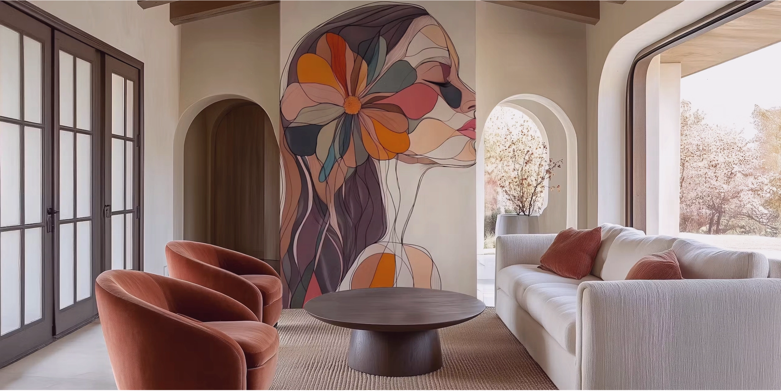 Warm abstract floral silhouette mural for bedroom accent wall